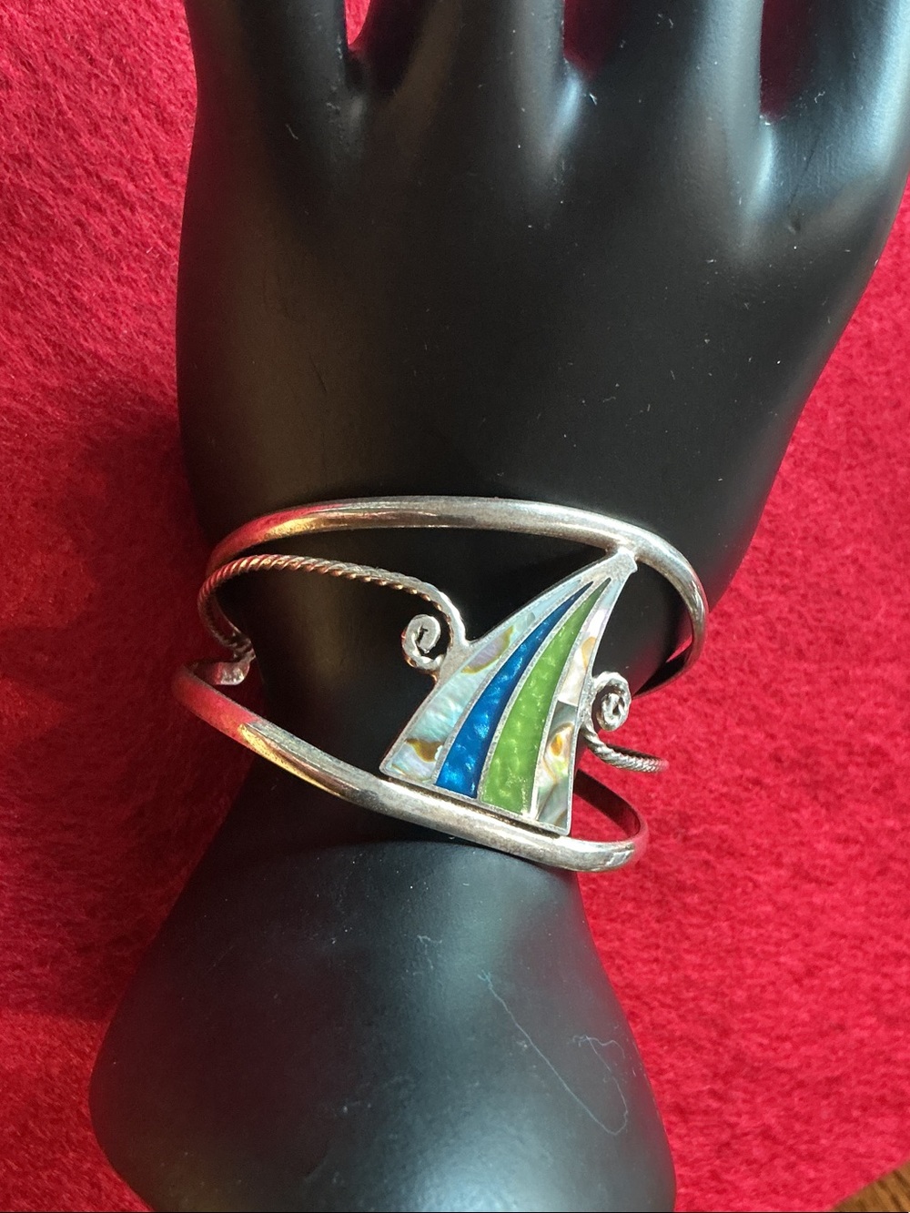 Sterling Silver Sailboat Inlay Cuff Bracelet - Blue & Green